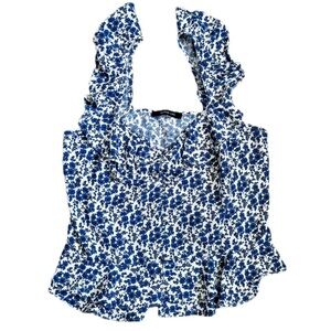 Sugar Lips Alice Floral Ruffle Top Blouse Shirt Fits Medium Large Blue Flowers